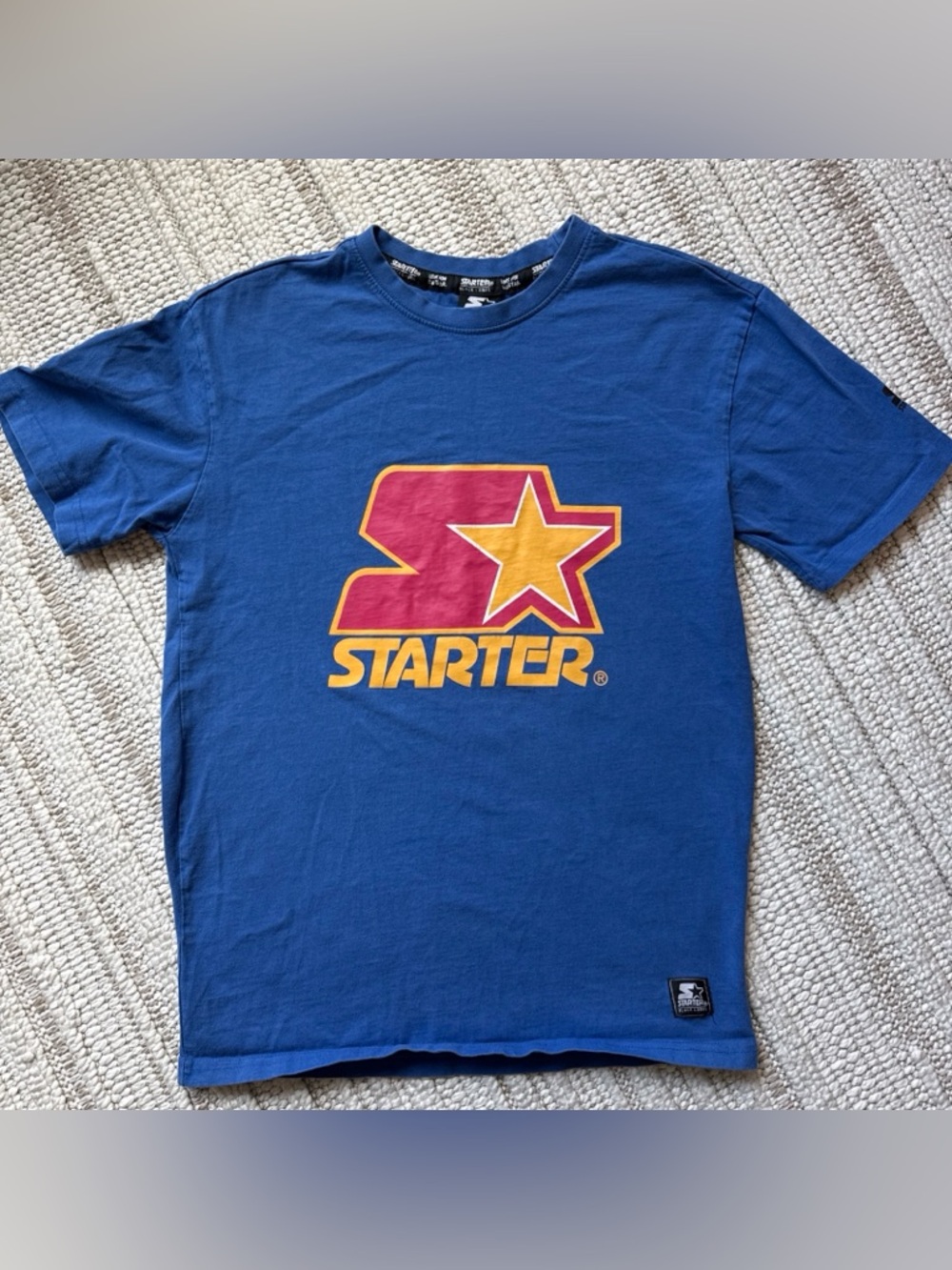 Starter T Shirt Vintage Black Label Blue Big Logo Made in USA Size S Retro Sport